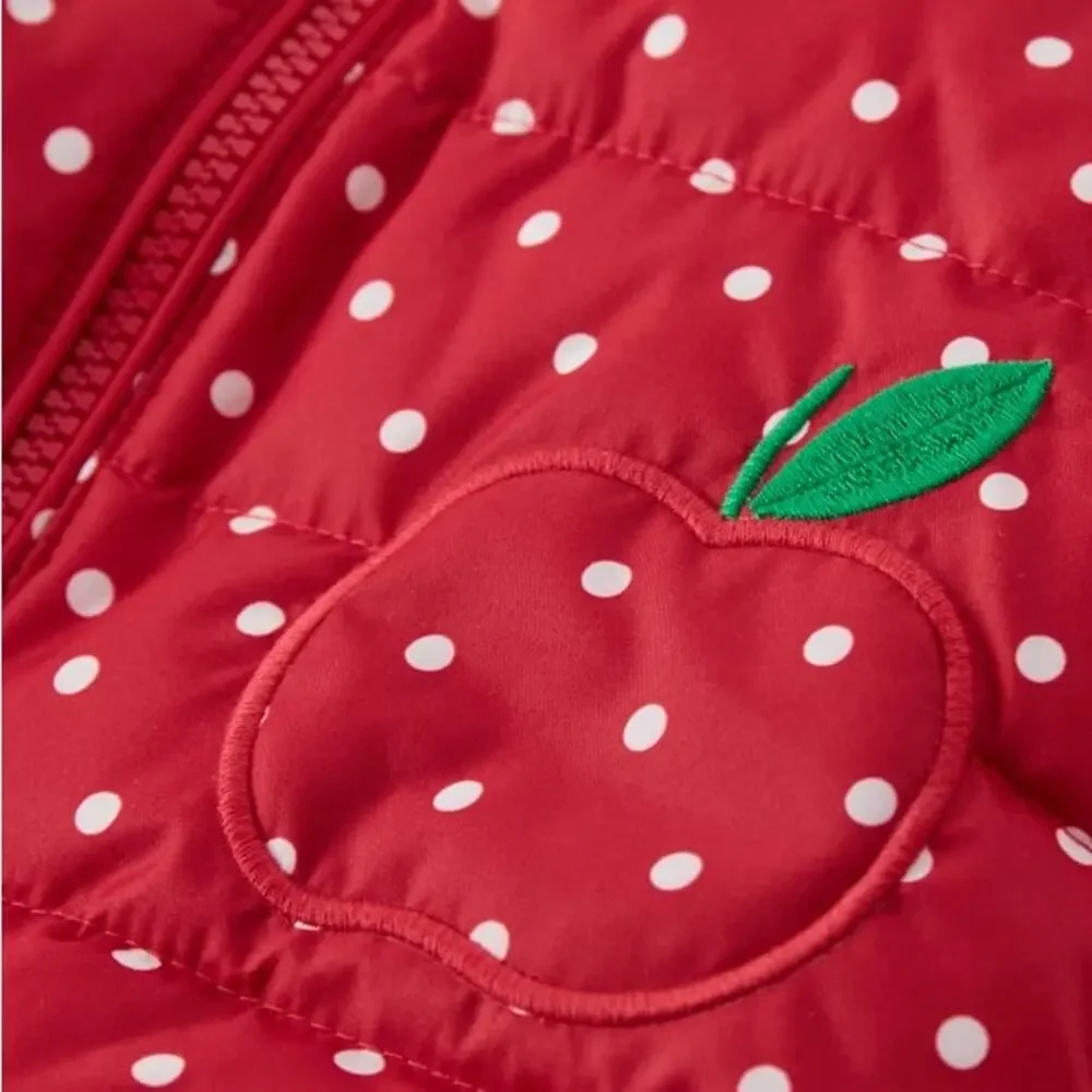 Gymboree Girls Hooded Reversible Puffer Vest Red White Polka Dot Apple Print 6